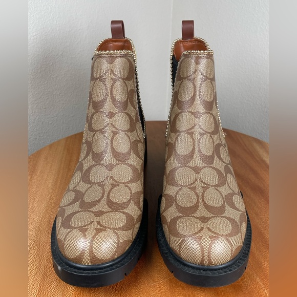 Coach Women Levy Leather and Canvas Signature Lug Boot Khaki/Black Size 8 - Picture 2 of 16